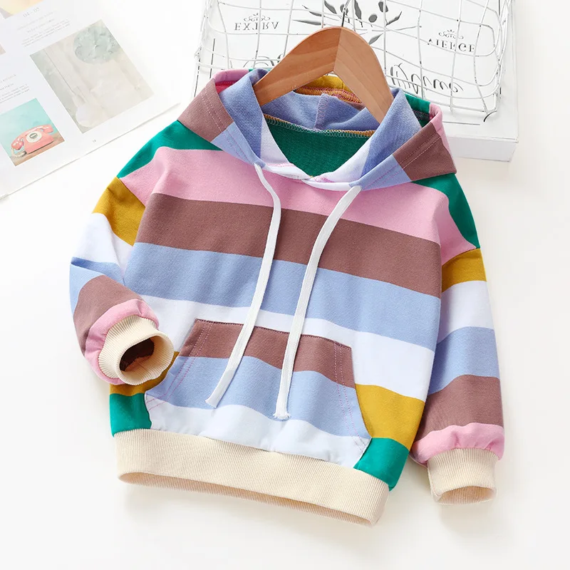 ZSIIBO/свитер с капюшоном для девочек Модная хлопковая рубашка в радужную полоску для малышей милый свитер с капюшоном для маленьких девочек
