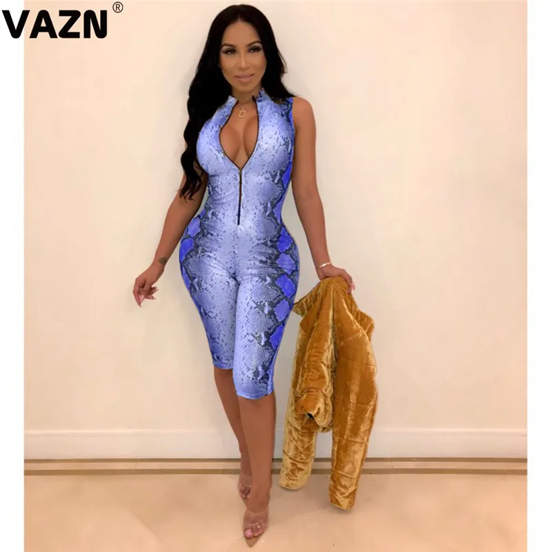 VAZN GML17166 new Design print bandage lady jumpsuit sleeveless short pant playsuits v-neck sexy club bandage wind rompers - Цвет: Синий