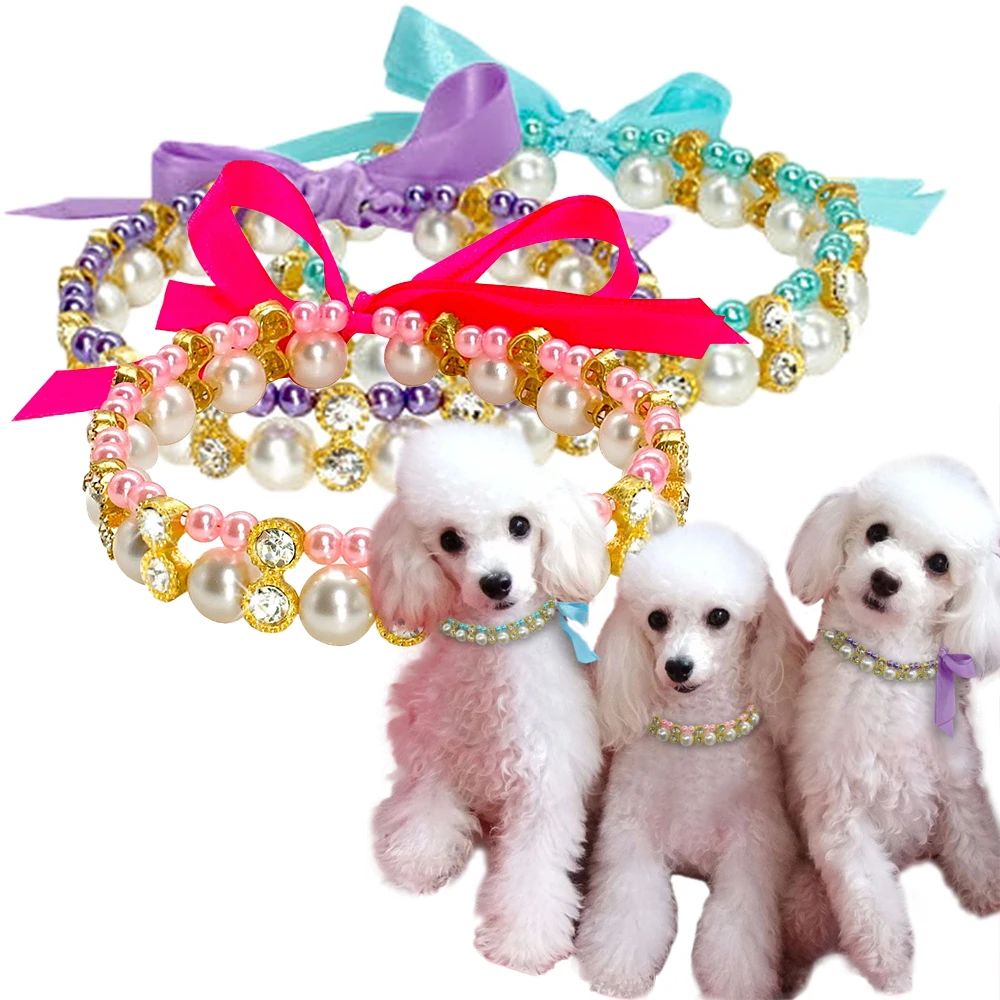 

Crystal Pearl Dog Necklace Collar Bowknot Puppy Cat Jewelry Cute color Elastic Pet Necklace For Small Dog Chihuahua D40