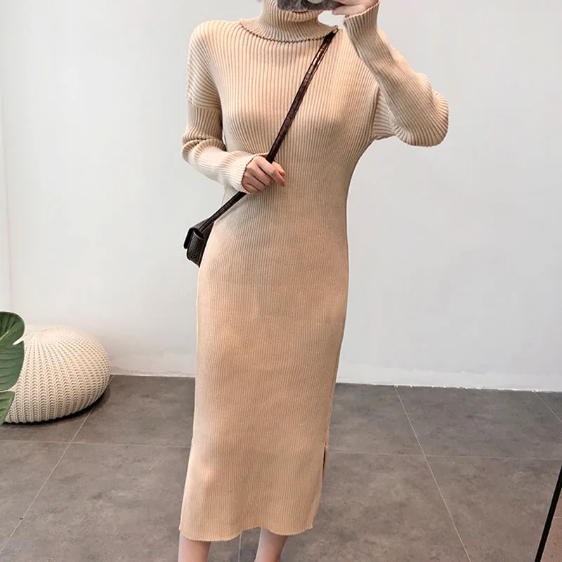 picture color Вязаное платье размера плюс vestidos mujer с разрезом, водолазка с длинным рукавом, корейское осенне-зимнее женское облегающее платье, платье-свитер макси - Цвет: picture color