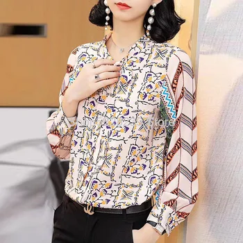 

Light Cooked Printing Silk Shirt 2020 Season Scarf Collar Long Sleeve Mulberry Silk Top Female