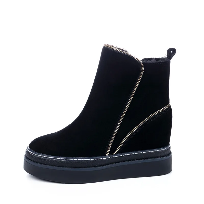 Thick-soled Inner Heightening Short Boots, Side Zipper and Velvet Warm Cotton Shoes, Fashion Ladies Snow Cotton Short Boots