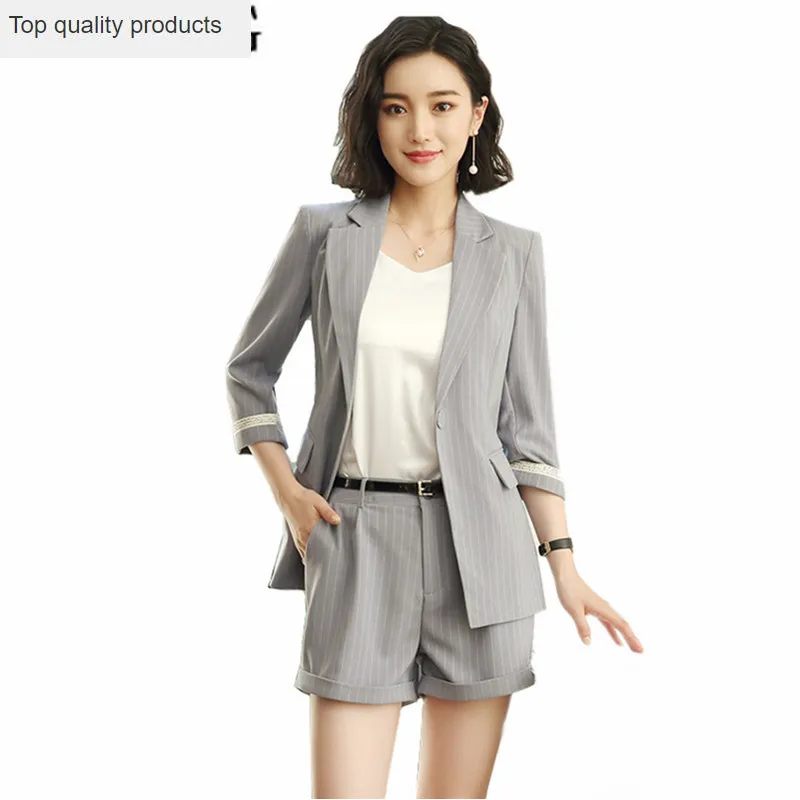 

Korean Summer Tops for Women 2020 New Striped Slim Blazer + Shorts Set Ladies Office Work Suits Women Two Piece Outfits YQ228