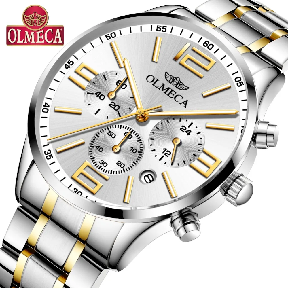 

OLMECA Men's Watch Luxury Fashion Big Dial Stainless Steel Wrist Watches Military Elegant Watch for Men Saat Relogio Masculino