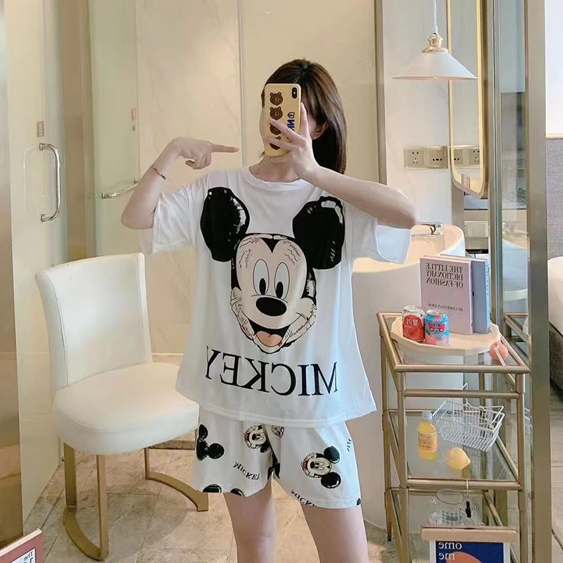 Disney Mickey White Women's Spring Summer Pajamas Set Three-piece Short Sleeve + Shorts + Trousers Soft And Comfortable Homewear