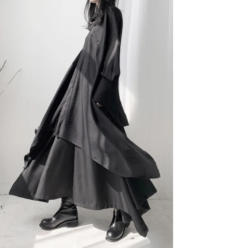 LANMREM, темная ветровка, ассиметричная Свободная Домашняя однобортная Однотонная рубашка с длинными рукавами для женщин 19B-a267
