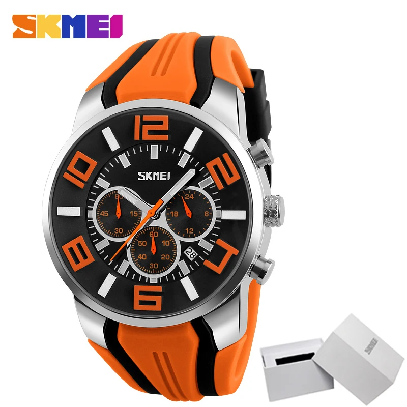 SKMEI, кварцевые мужские часы, модные повседневные наручные часы, водонепроницаемые спортивные часы, красочные, включая белый ящик Relogio Masculino 9128 - Цвет: Orange(white box)