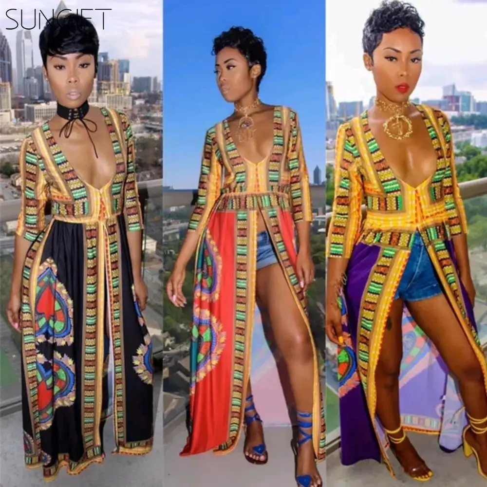 SUNGIFT Африканское стильное платье для женщин Дашики женские сексуальные глубокий v-образный вырез с высоким разрезом Африканские Этнические длинные макси платья клубная одежда