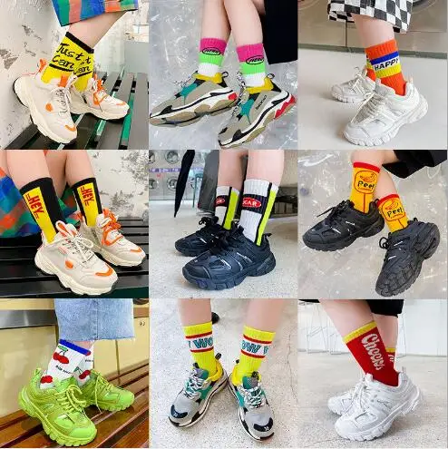 3-12Year 4Pairs Pack Children Socks Autumn Letters Street Sports Style Personality Kids Boy Girls Cartoon Kids Tube Socks kids socks