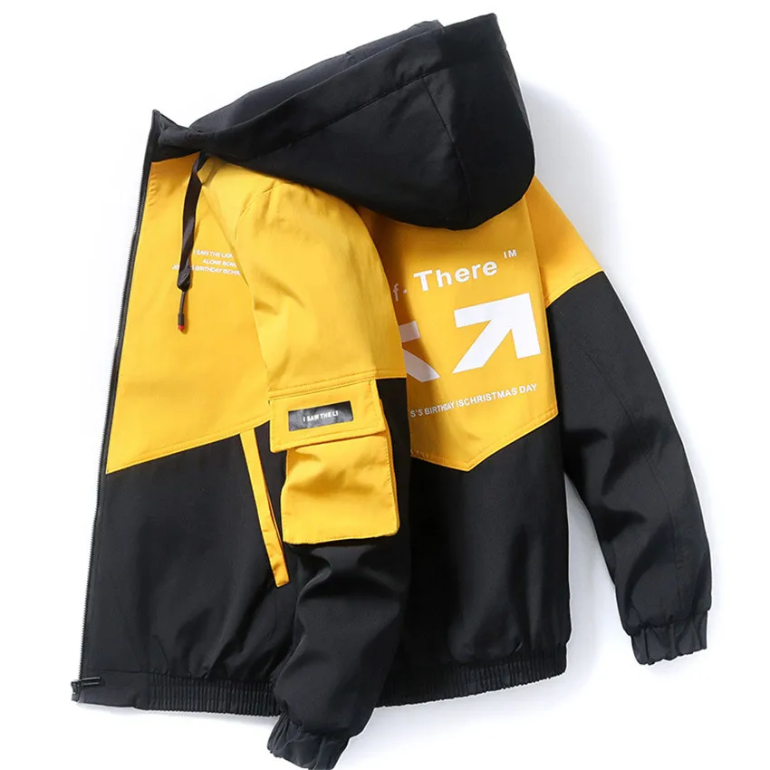 

Jacket Men 2020 fashion Spring Casual Patchwork Windbreaker Hooded Bomber Jacket Male Outwear Zipper Coat Hip Hop Clothing
