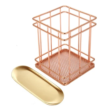 

1Pcs Rose Gold Wire Net Pencil Pen Cup Square Iron Mesh & 1Pcs Stainless Steel Towel Tray Storage Tray Gold, Oval