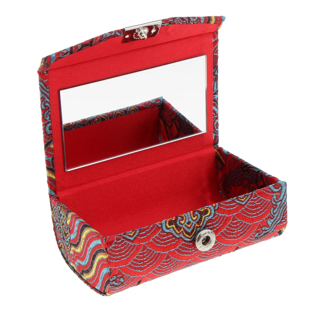 Retro Brocade Embroidered Chinese National Costume Design Lipstick Jewelry Case Holder Box With Mirror- Holds 2 Lipsticks