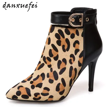

Women's genuine leather horsehair patchwork thin high heel sexy ladies autumn ankle boots pointed toe leopard ankle buckle shoes