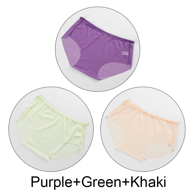 PurpleGreenKhaki 3 шт./партия, прозрачные трусы с сеткой, пикантный женский бесшовный трусы, ультра-тонкое нижнее белье средней высоты, дышащее белье, большие размеры - Цвет: PurpleGreenKhaki