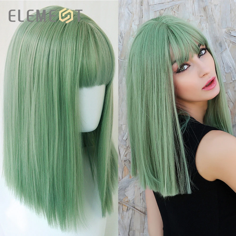 Promoción Element-Peluca de disfraz verde para mujeres y niñas, pelo sintético liso con flequillo, color azul, para fiesta, Lolita 9gLNWrmnQ