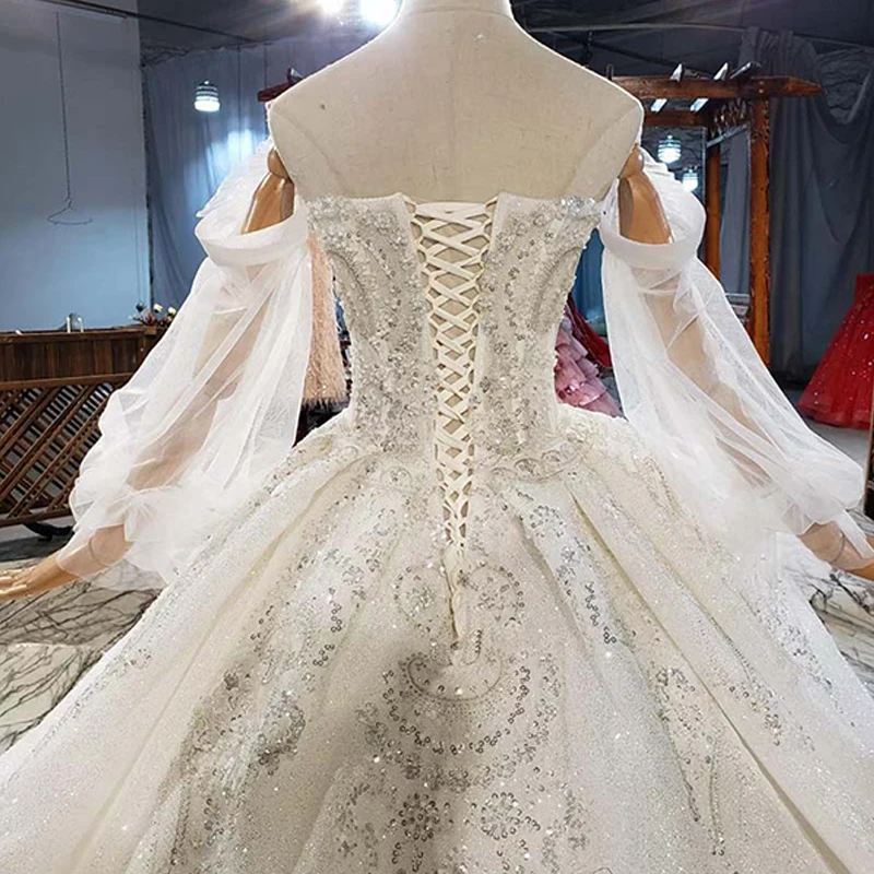 HTL1869 Luxurious And Elegant Charming V-Neck Crystal Beading Wedding Dress 2020 Ball Gowns Long Flare Sleeve 6