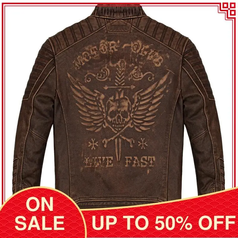 

2020 Vintage Brown Biker Style Genuine Leather Jacket Men Plus Size 5XL Real Cowhide Atumn Slim Fit Skulls Motorcycle Coat
