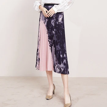 

100% Polyester Skirt Women Patchwork Ink Parinting Pleated Skirt Fabric Novelty Design Gradient Color Elegant Style New Fashion