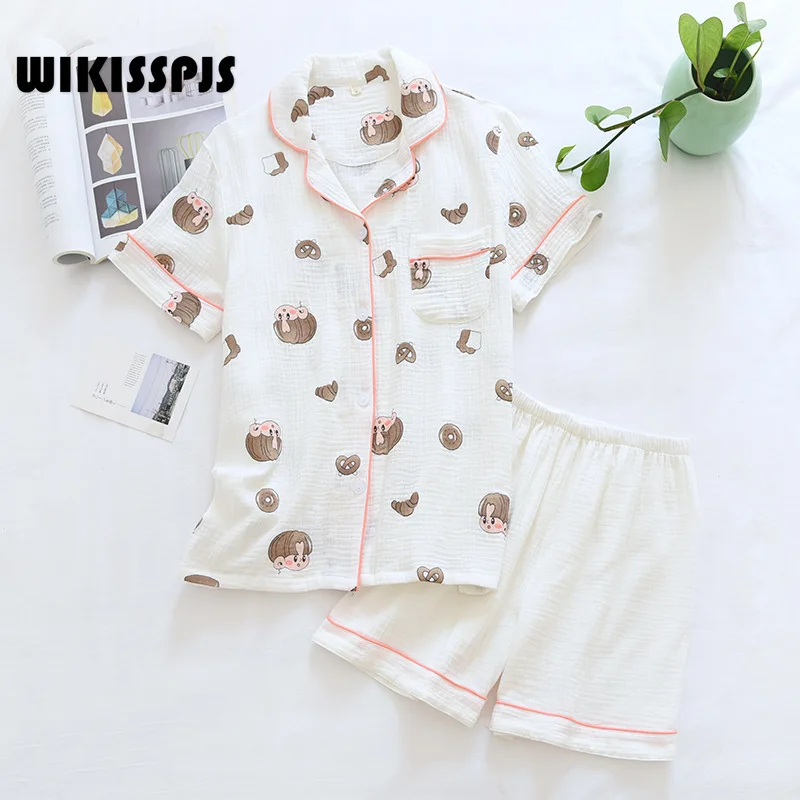 

WIKISSPJS Spring Summer New Double Layer Cotton Gauze Women Short Sleeve Shorts PAJAMAS Crepe Home Clothes Loungewear Pjs