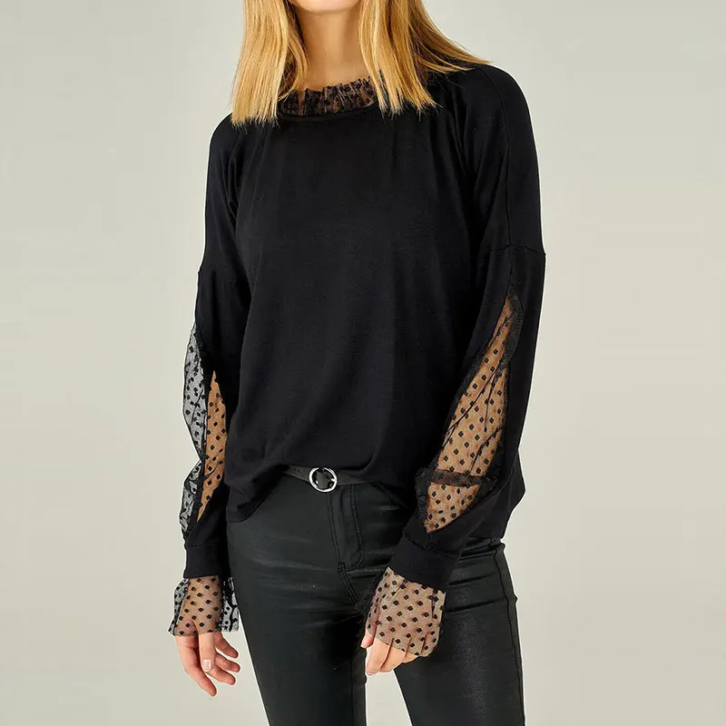 

Sexy Dot Lace Patchwork Autumn Tops Women Casual Long Sleeve Loose Tees Streetwear Female Elegant Black T-shirts Korean Style