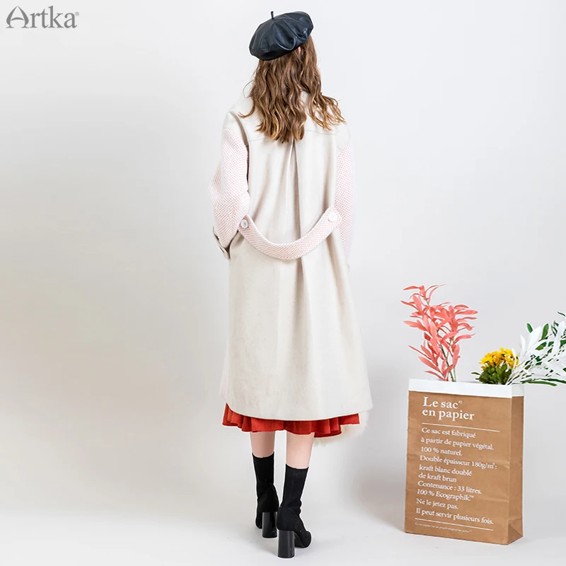 ARTKA новое зимнее женское Шерстяное Пальто Ретро клетчатое шерстяное пальто с отложным воротником двубортное длинное пальто для женщин WA15094D