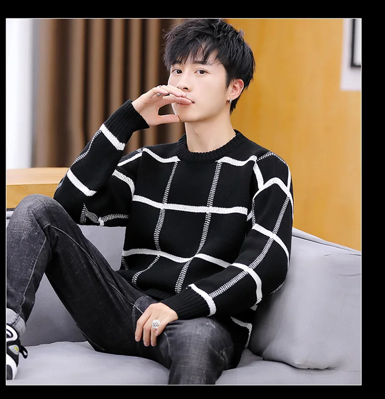 Plaid Sweater Men's Slim Warm Fashion Contrast Color Casual Knit Sweater Man Streetwear Wild Long-sleeved Pullover Men Clothes