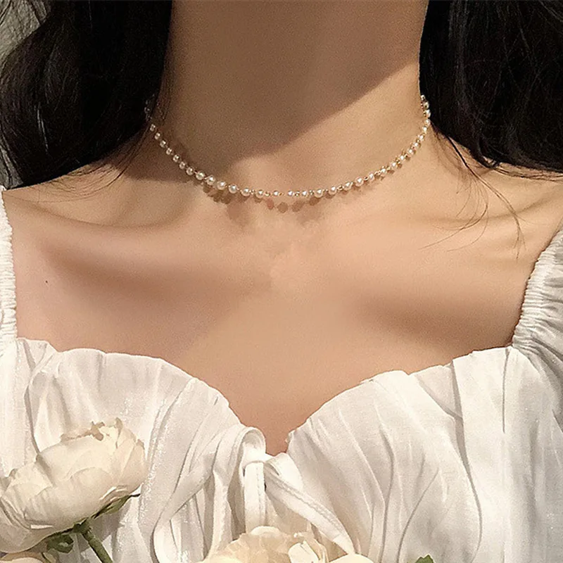 New Beads Women’s Neck Chain Kpop Pearl Choker Necklace Gold Color Goth Chocker Jewelry On The Neck Pendant 2021 Collar For Girl