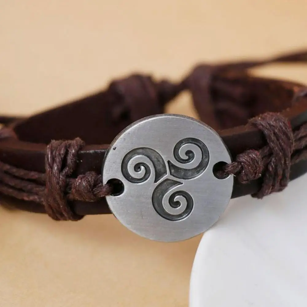 Vintage Bracelets Men Women Spiral Triskele Round Charm Braided Faux Leather Bracelet Birthday Party Gift