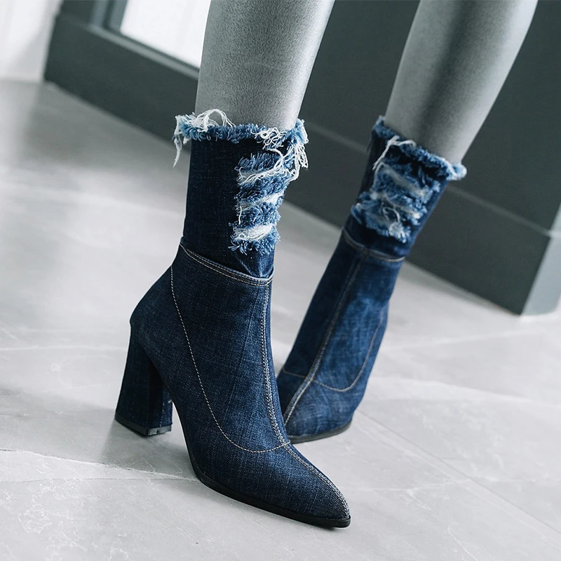 

WETKISS Denim Thick High Heels Women Boots Holed Ankle Boot 2020 New Fashion Pointed Toe Lady Shoes Ripped Summer Footwear