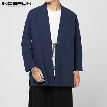 

INCERUN Men Retro Streetwear Solid Color Long Sleeve Fashion Jackets Cardigan Casual Harajuku Cotton Baggy Mens Kimono Coats