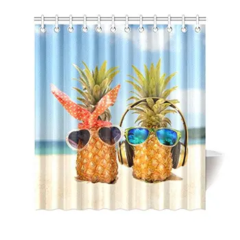 

Funny Tropical Summer Beach Pineapples Wearing Sunglasses Decor Waterproof Polyester Bathroom Shower Curtain Bath with Hooks,