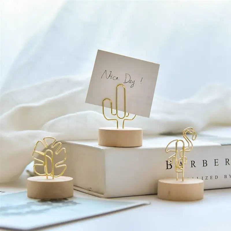 

3pcs Iron Wire Note Photo Memo Holder Round Wood Base Place Card Paper Holders Clips for Home Decor Party