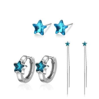 

Fashion Women Stud Earrings Simple Silver Color Blue Crystal Cute Star Small Stud Earring Sets Female CHic Jewelry