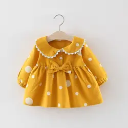 Robe de printemps et d'automne pour filles, col de poupée, décontractée, mignonne, imprimée à pois, robes princesse trapèze pour spectacle 