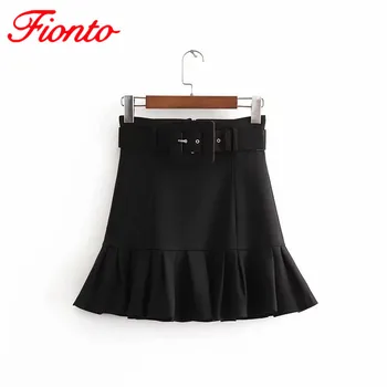 

Spring Fashion Pleated Hem Mini Skirt 2020 Women's Solid High Waist Short Black Skirt Female Casual Skirts With Belt AN1487