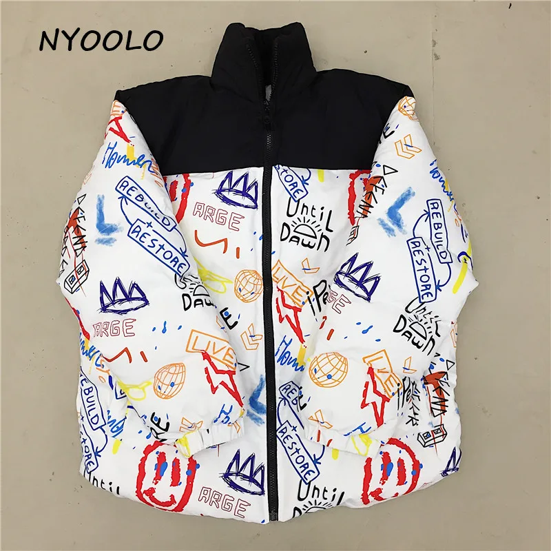 NYOOLO Harajuku уличная граффити дизайн лоскутное утолщаются теплые пальто осень зима Свободная куртка на молнии мягкий для женщин мужчин верхняя одежда
