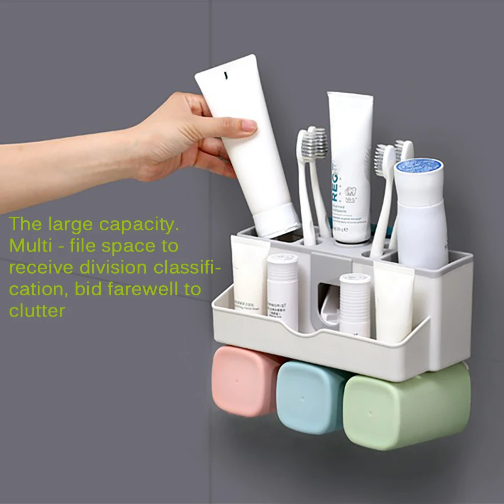 Wall Mounted Toothbrush Holder Automatic Toothpaste Dispenser Toiletries Storage Rack Bathroom Accessories Set