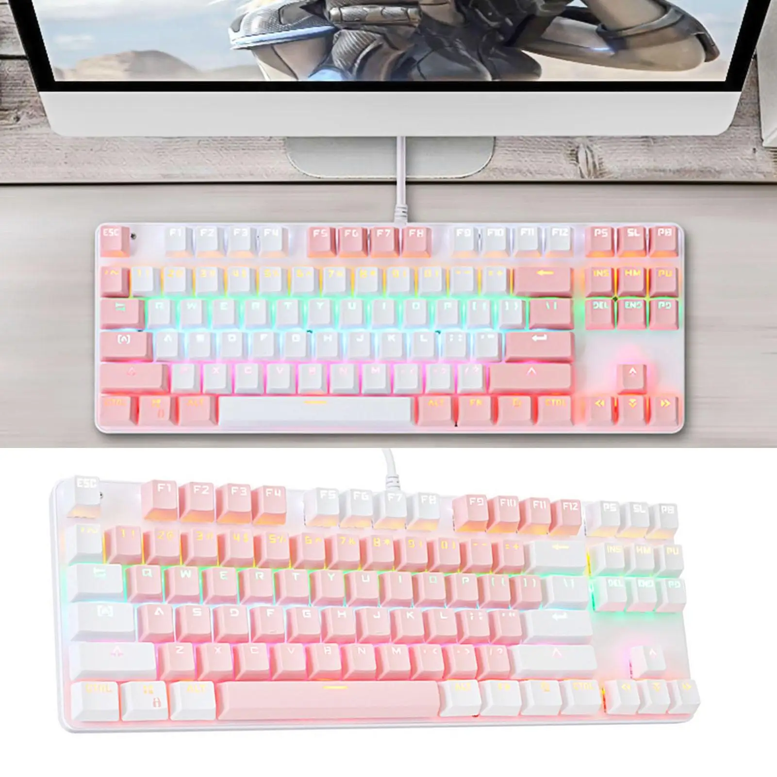 

K100 Mechanical Keyboard Two-color 87-key Green Axis Mechanical Keyboard Pink Gaming Girl Keyboard ABS Wear-resistant Keycap