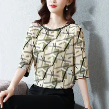

Summer Women's Shirt Silk Printing Blouses for Women Short Sleeve Tops Female Design and Color O-neck Blouse Female Basic Shirts