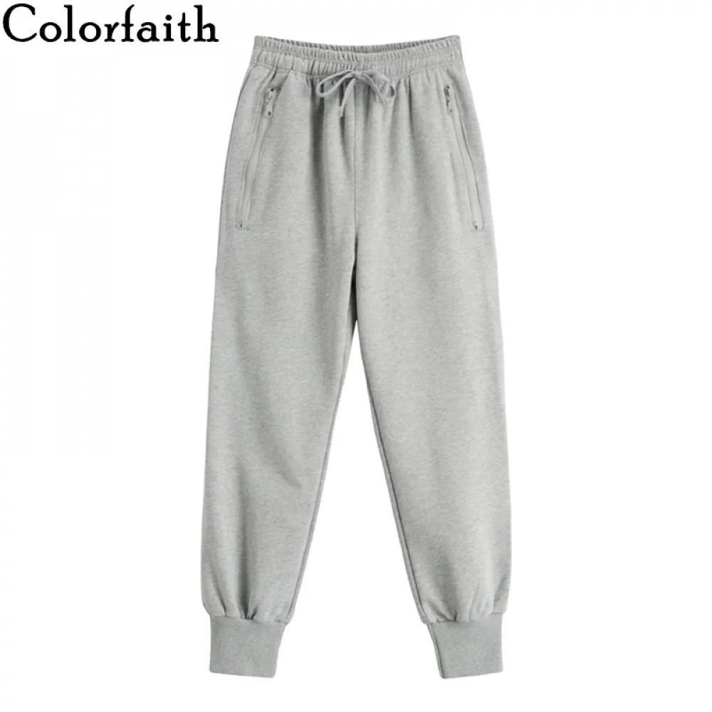 Winter Women Pants Trousers Sports-Joggers Colorfaith High-Elastic Sweat Zipper-Pockets