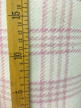 

free ship woolen and viscose check fabric milk white and pink check weaved with much less shining line