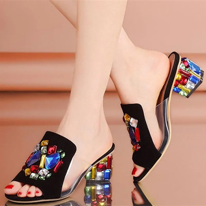 WUYAZQI Leather thick heel sandals women's new style women's slippers fish mouth diamond sandals fashion women's shoes Q8 5