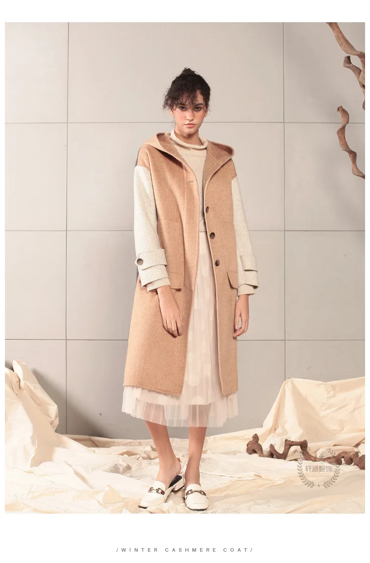 Winter New jacket with hat Double-breasted Contrast Long Section double-sided wool coat Lady Patchwork leisure fashion coat
