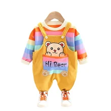 Nueva primavera ropa de bebé niña traje de los muchachos de algodón camiseta overoles 2 unids/set otoño niño traje de moda ropa deportiva para niños