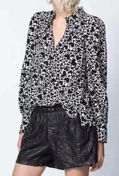 

2020 SPRING New Fashion Black Heart Printed Long Sleeve Silk Shirts Tops Women's