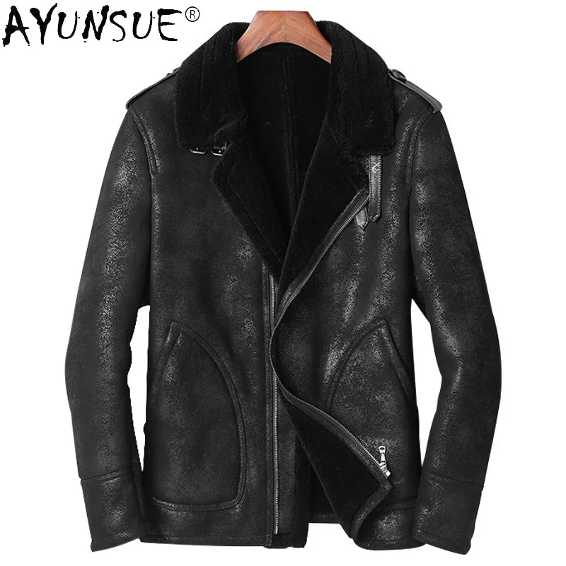 

AYUNSUE 2021 Winter Genuine Sheepskin Leather Jacket Male Real Wool Collar Jackets Black Warm Thick Coat Casaco Masculino Gmm37