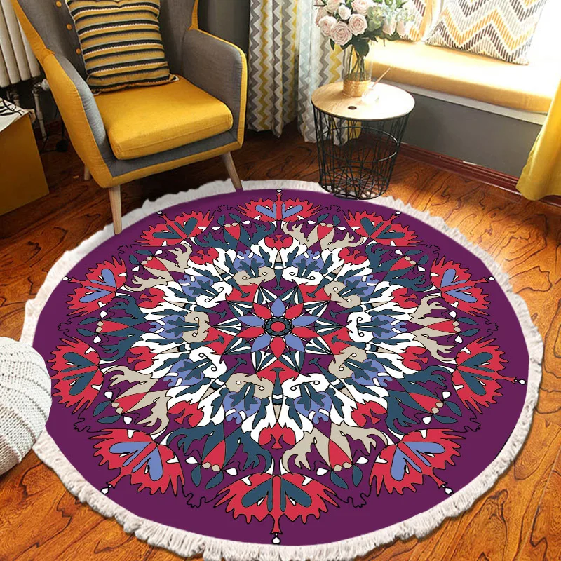 ​Home Decor Retro Bohemian Round Carpet Hand Woven Cotton Linen Carpet Rug Bedside Rug Geometric Floor Mat Living Room Carpet