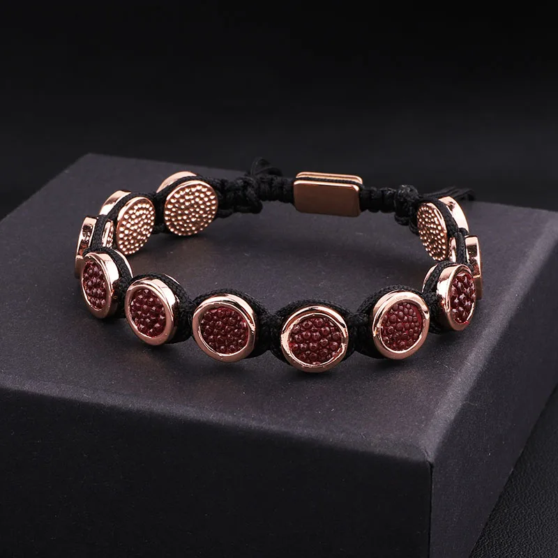 High Quality Red Fish Skin Leather Round Charm Braided Friendship Macrame Adjustable Bracelet Men
