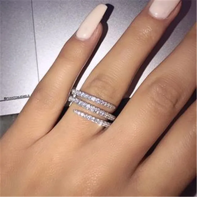 HI MAN Nordic Exquisite Serpentine Three Layer Pavé Crystal Ring Women