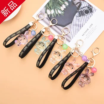 

Creative DIY Beads Acrylic Split Surface Crystal Rabbit Keychain Bag Decoration Leather Rope Car Toy Accessories Pendant